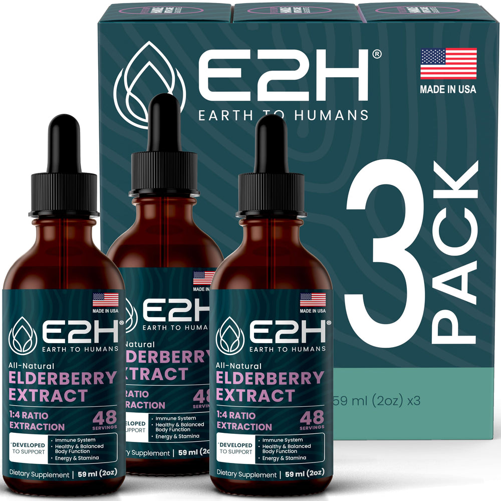 E2H Elderberry Syrup bottle front showcases natural ingredients for daily immune support