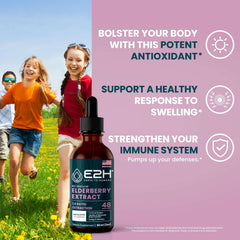 E2H Elderberry Syrup dropper dispensing shows easy, kid-friendly dosing