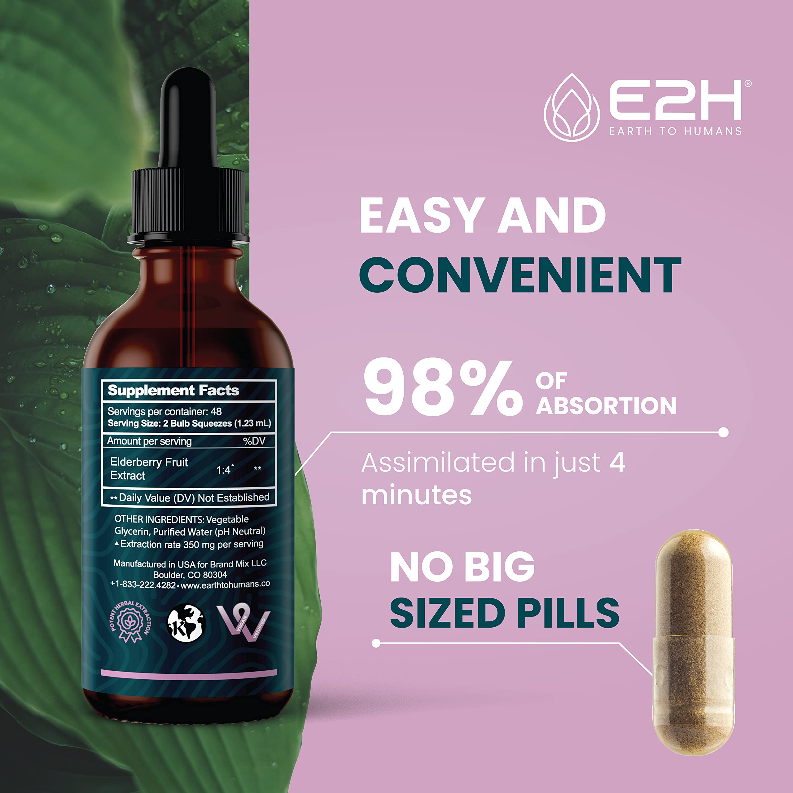 E2H Elderberry Syrup label design highlights vegan, non-GMO, and gluten-free attributes
