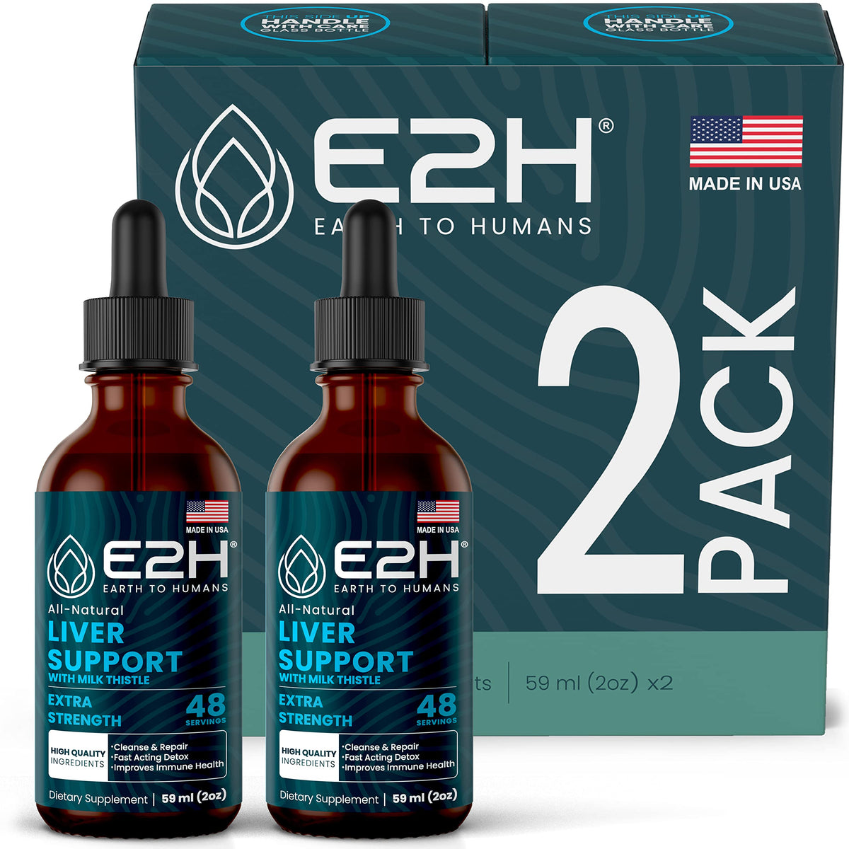 E2H Liver Support bottle front view for daily detox support.