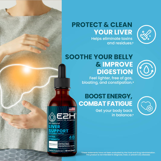 E2H Liver Support dropper shows liquid drops for fast absorption.