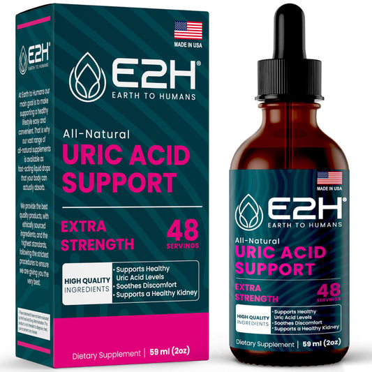 E2H Uric Acid Support Tart Cherry bottle showing daily balance potential