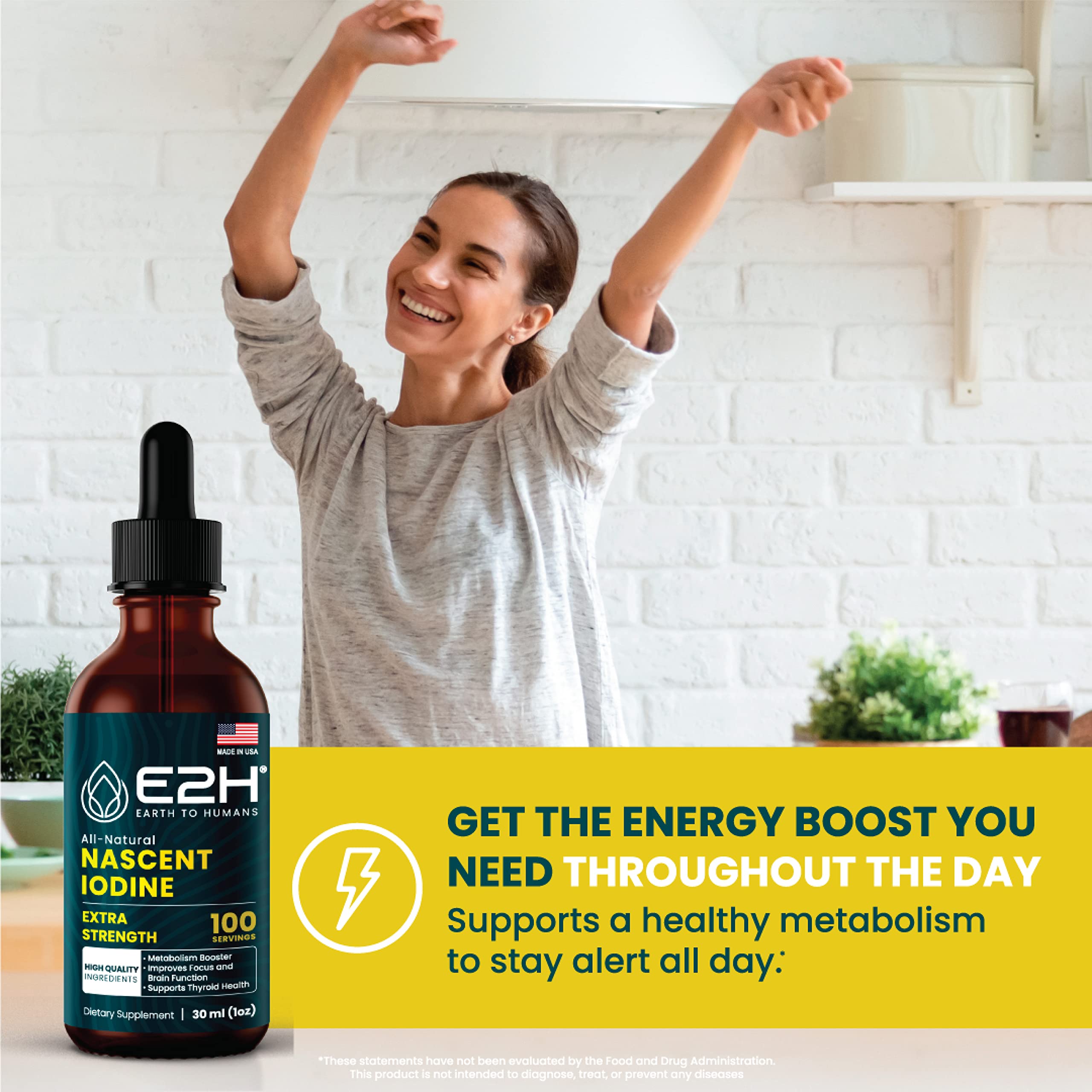 E2H Vegan Liquid Iodine drops in glass ready to mix.