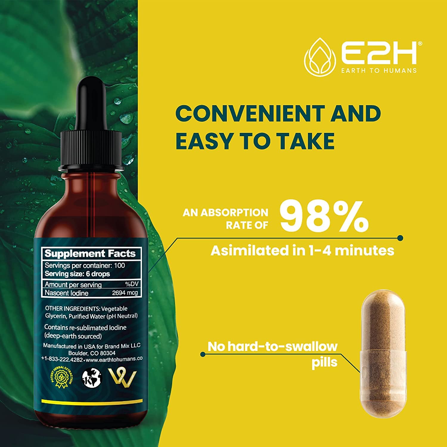 Iodine in water cup with E2H branding for easy daily intake