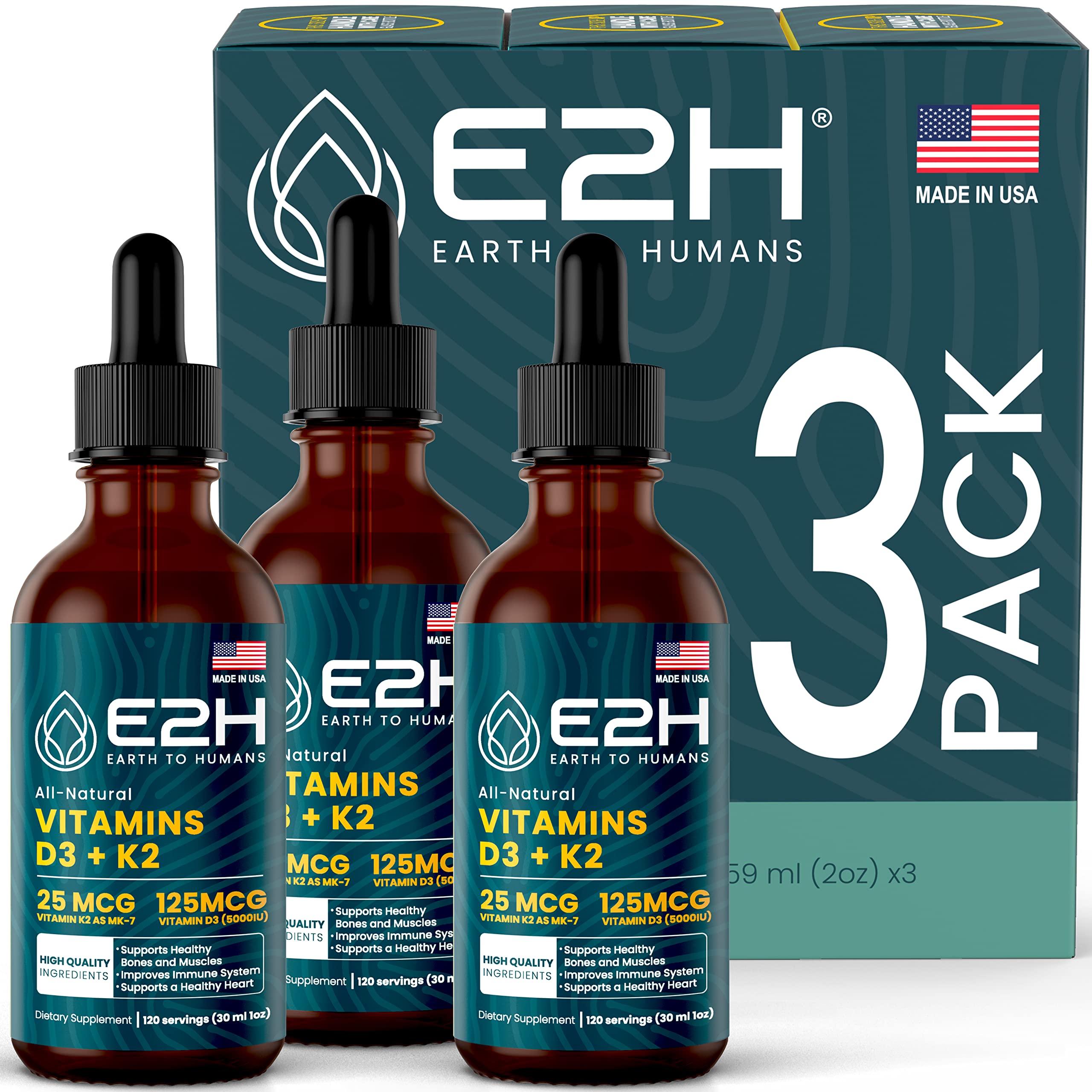 E2H Vitamin D3 & K2 liquid bottle pour for easy daily use and bone support