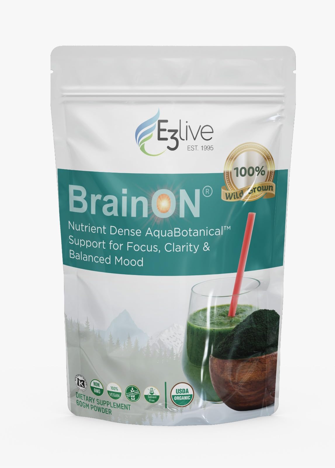 E3LIVE BrainON bottle label highlighting a brain-boosting blend for focus and clarity