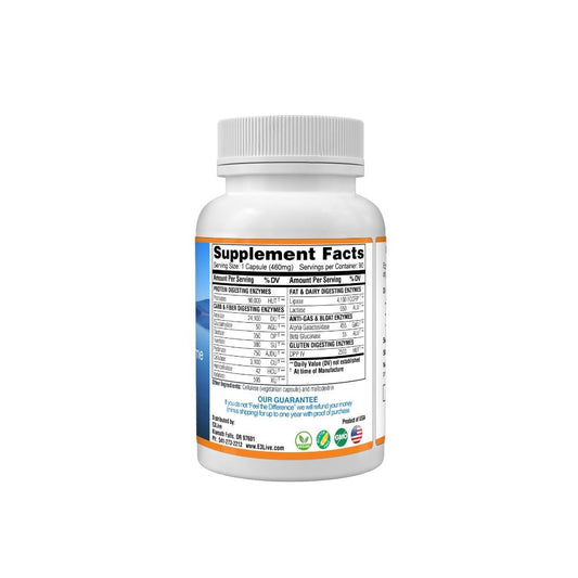 E3LIVE E3 Enzymes ingredients label highlights vegan gluten-free formula.