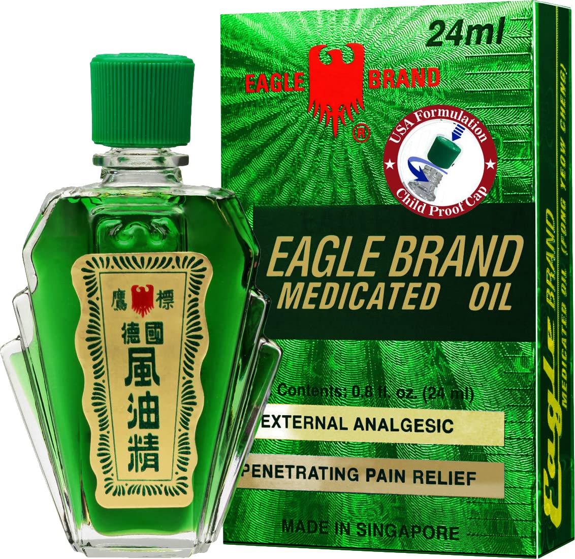 Eagle Brand medicated oil in a green bottle for soothing aroma.