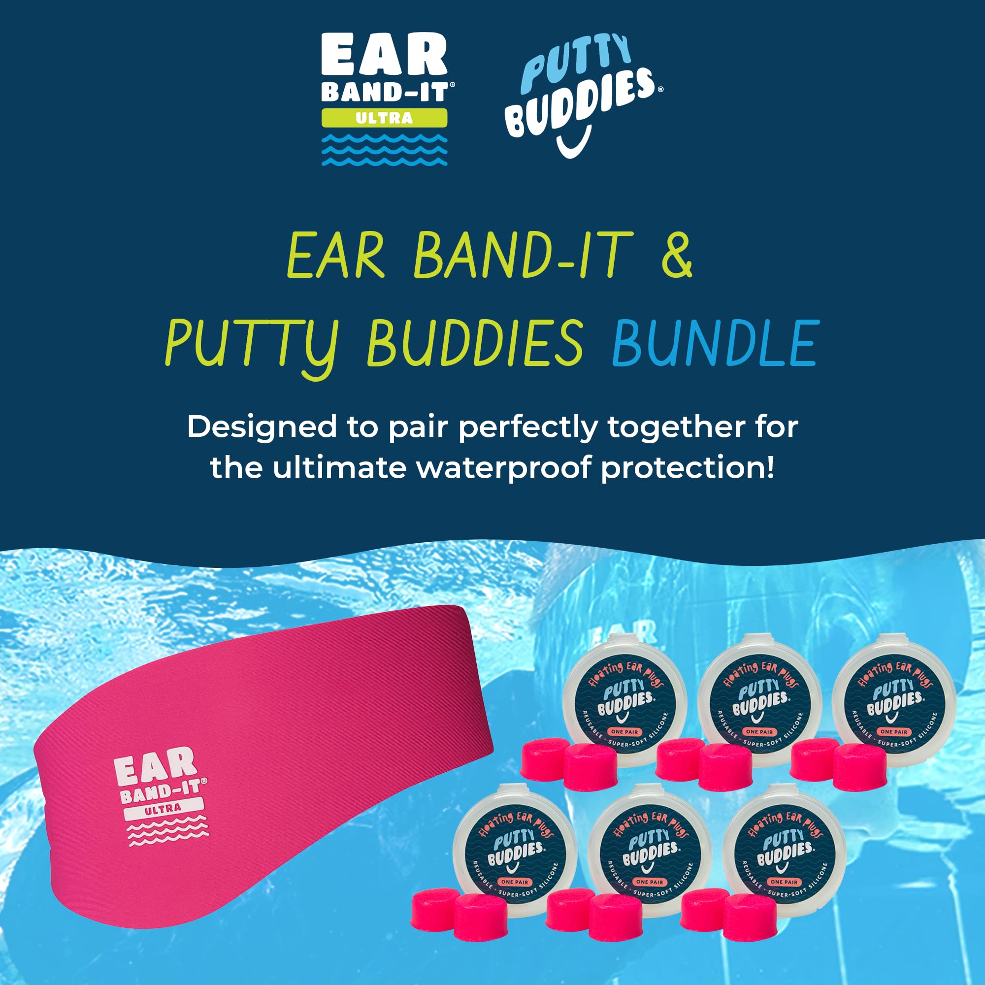 Complete Ear Band-It system for at-home swim time with headband and plugs.