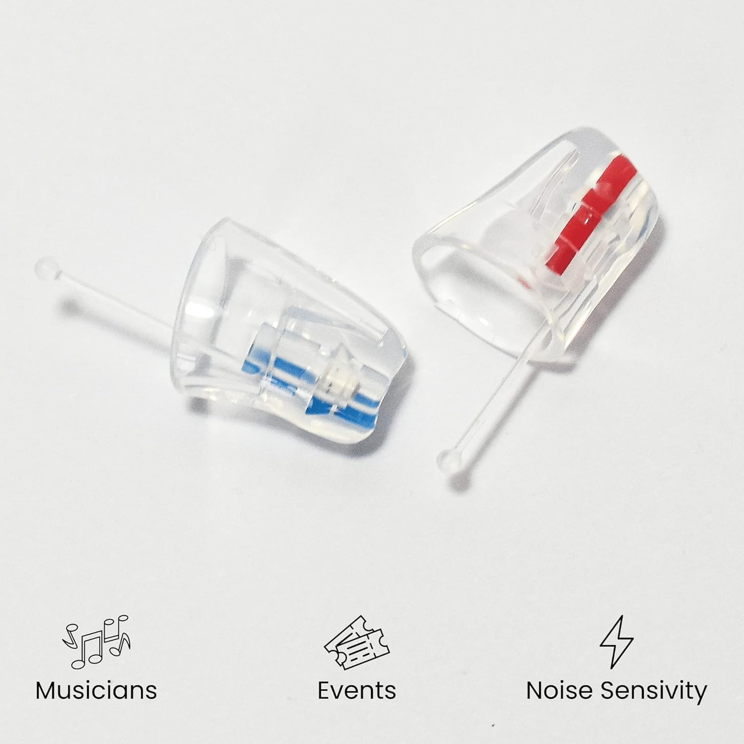 Close-up of Earasers 26dB earplugs showing compact design for performances