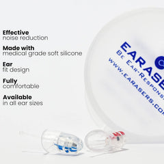 Earasers 26dB earplugs at a DJ setup, reducing peak noise while keeping clarity