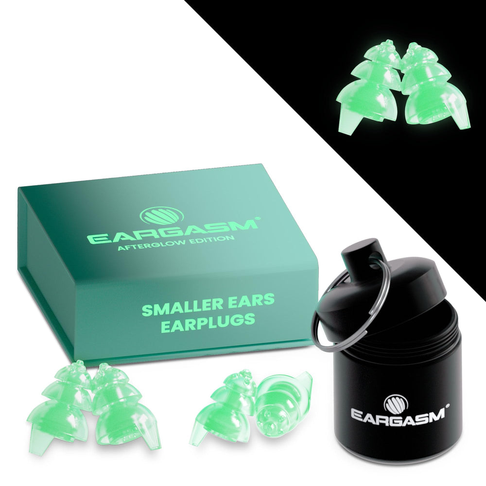 Eargasm Smaller Ears earplugs glow in the dark for night events.
