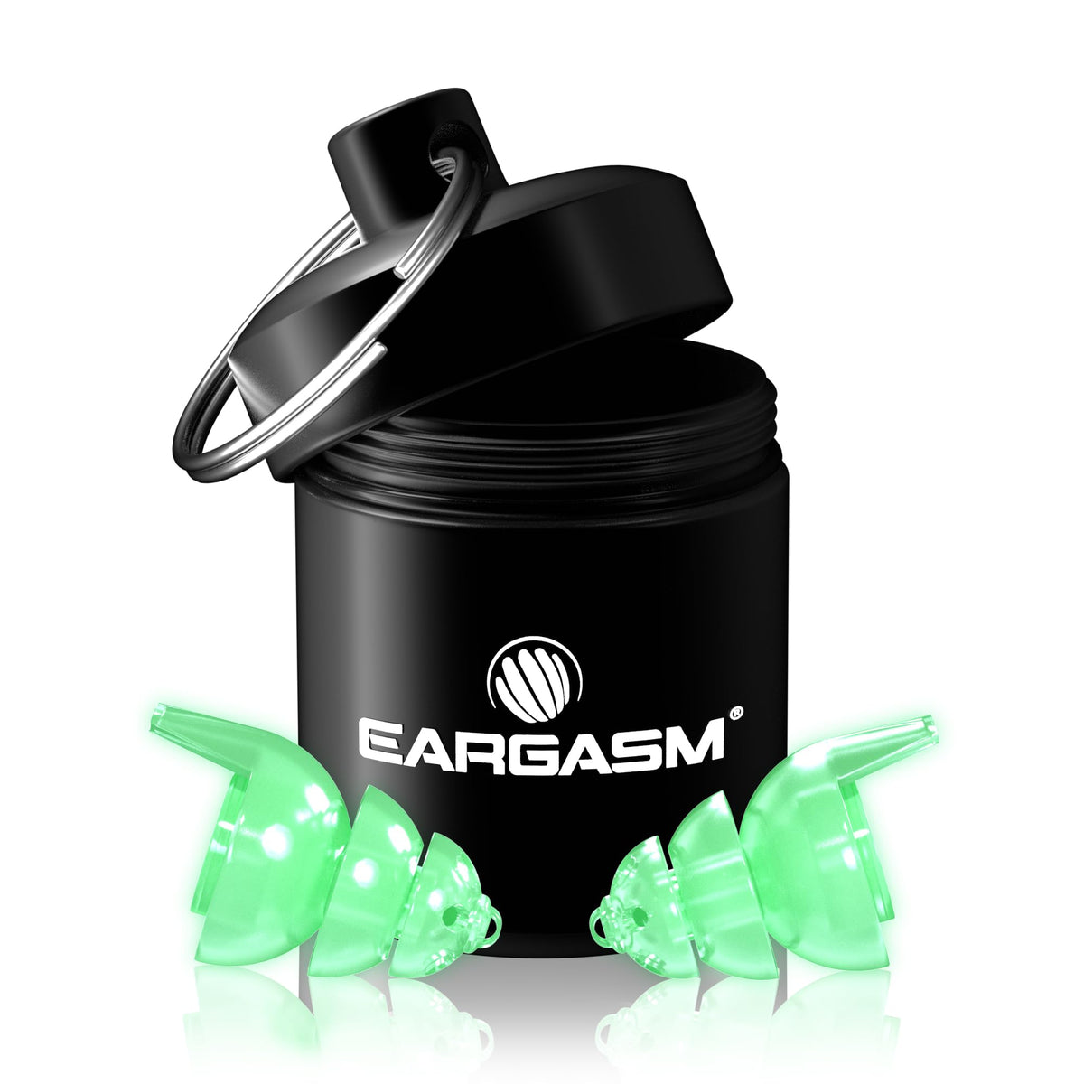 Eargasm Smaller Ears earplugs glow in the dark with a protective case.
