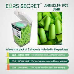 EARS SECRET foam earplugs compress to tiny diameter for quick, clean fits.
