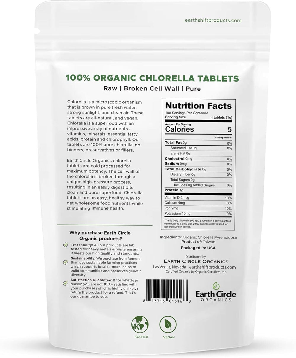 Earth Circle Organics broken cell wall chlorella tablets close-up for improved absorption