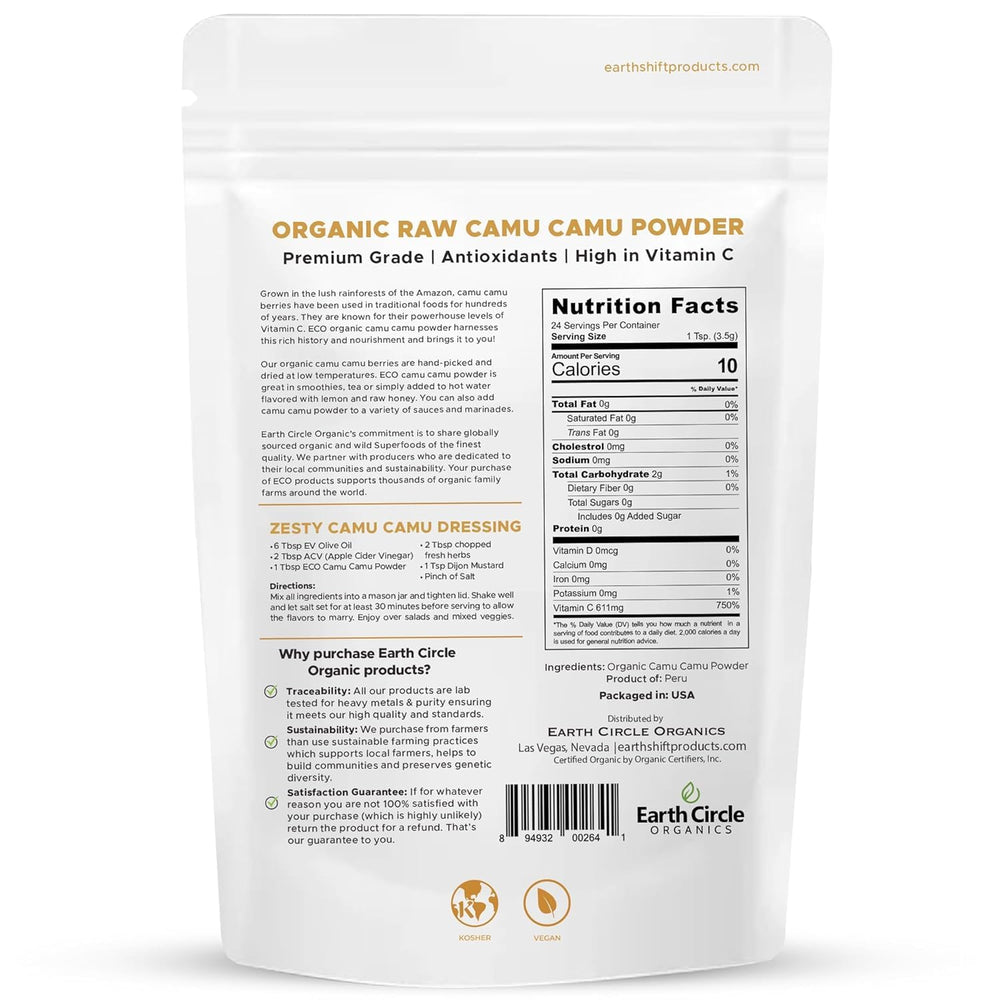 Camu Camu powder packaging by Earth Circle Organics, organic and sustainably sourced