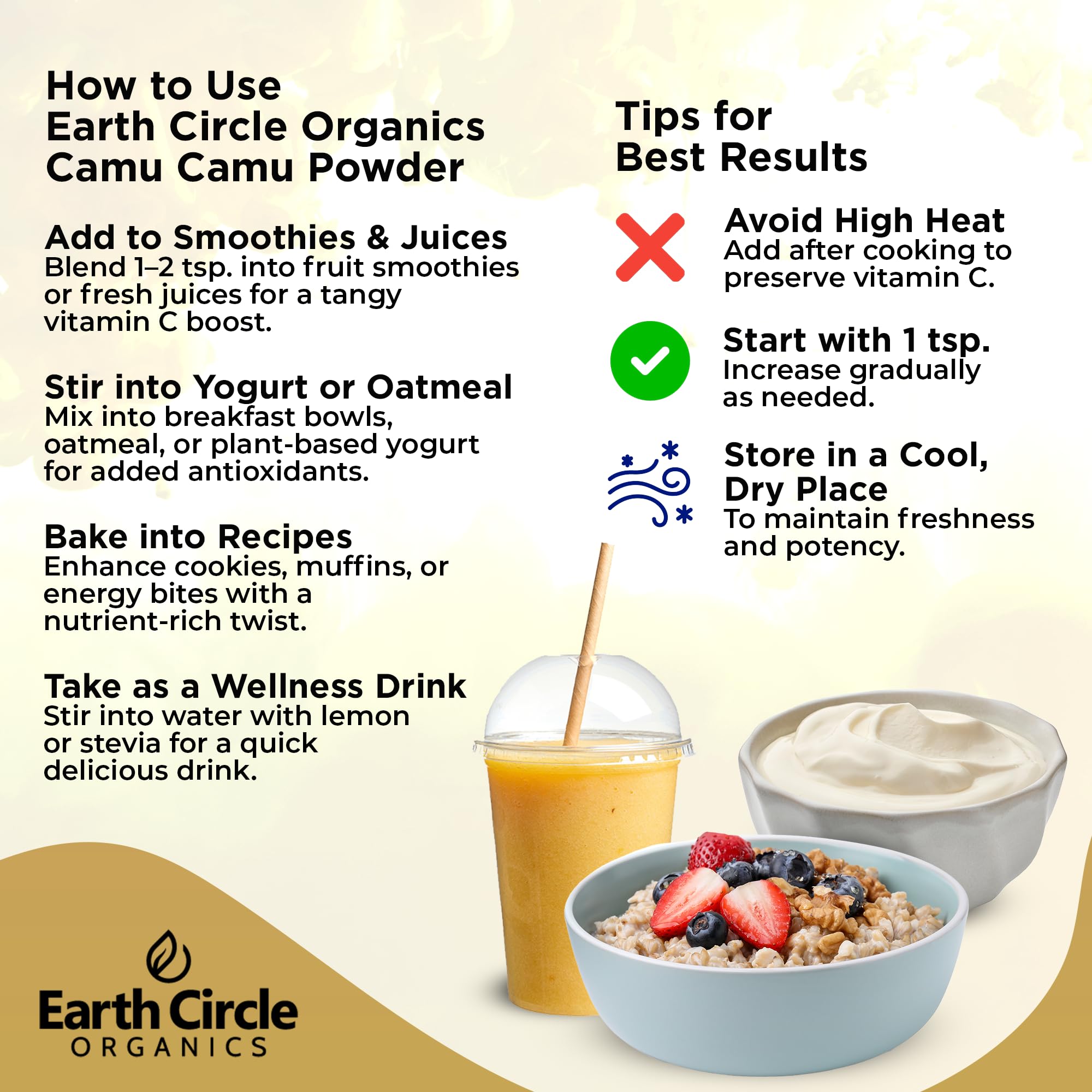 Camu Camu powder sprinkled on yogurt or dressing by Earth Circle Organics