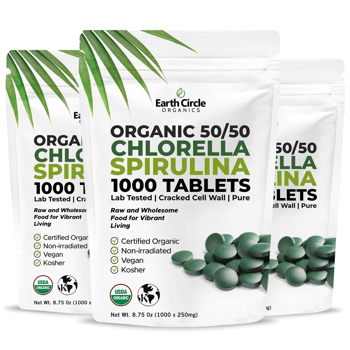 Earth Circle Organics chlorella-spirulina tablets packaging highlights the 50-50 blend for daily greens