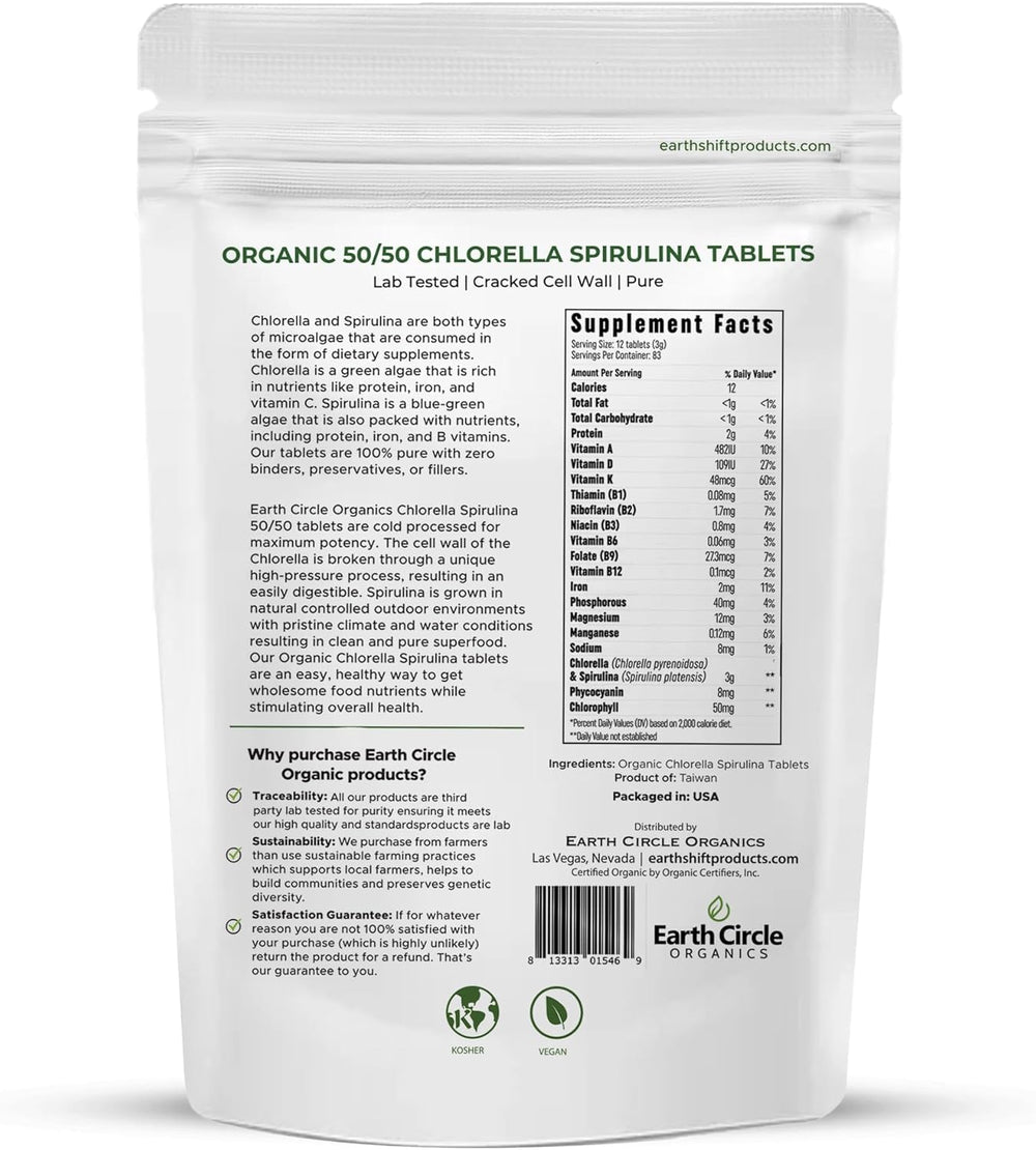 Earth Circle Organics chlorella-spirulina tablets bottle front view highlighting convenient daily supplement