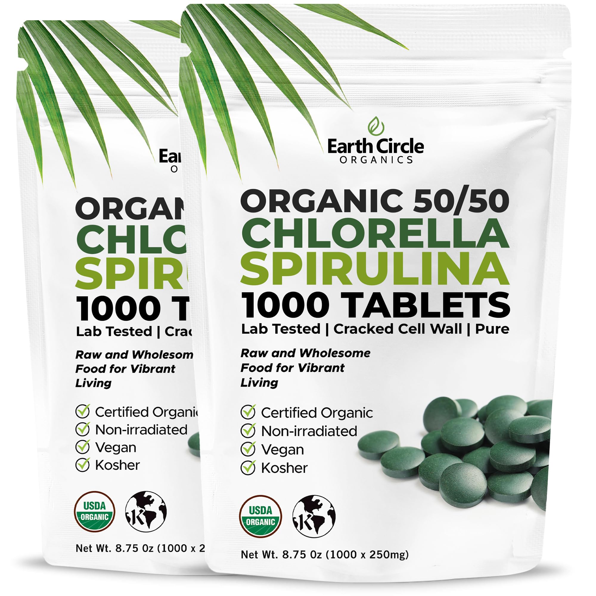 Earth Circle Organics chlorella-spirulina tablets bottle highlighting vegan daily vitality