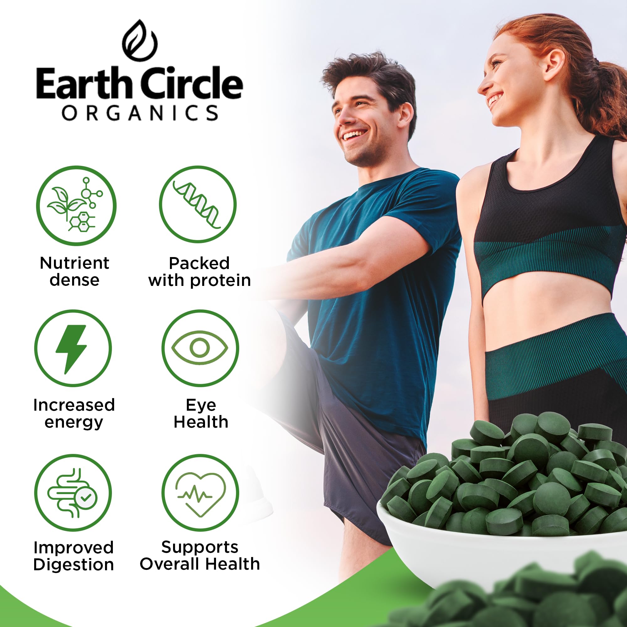 Earth Circle Organics chlorella-spirulina tablets ingredients label noting non-GMO, vegan, and kosher