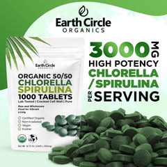 Earth Circle Organics chlorella-spirulina tablets vegan-certified icon on packaging