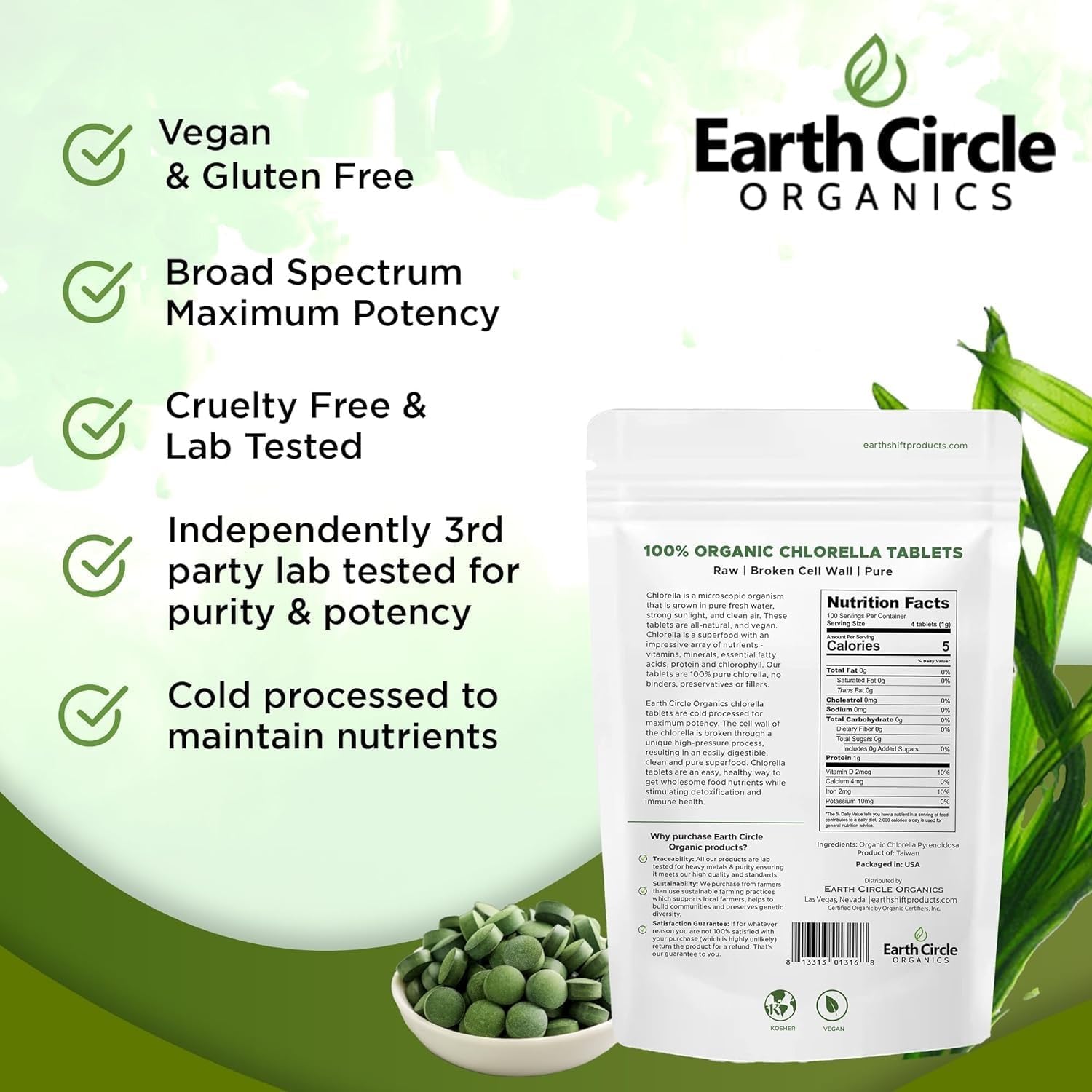 Earth Circle Organics chlorella with GMP HACCP ISO quality controls