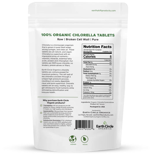 Close up of Earth Circle Organics chlorella tablets for easy dosing