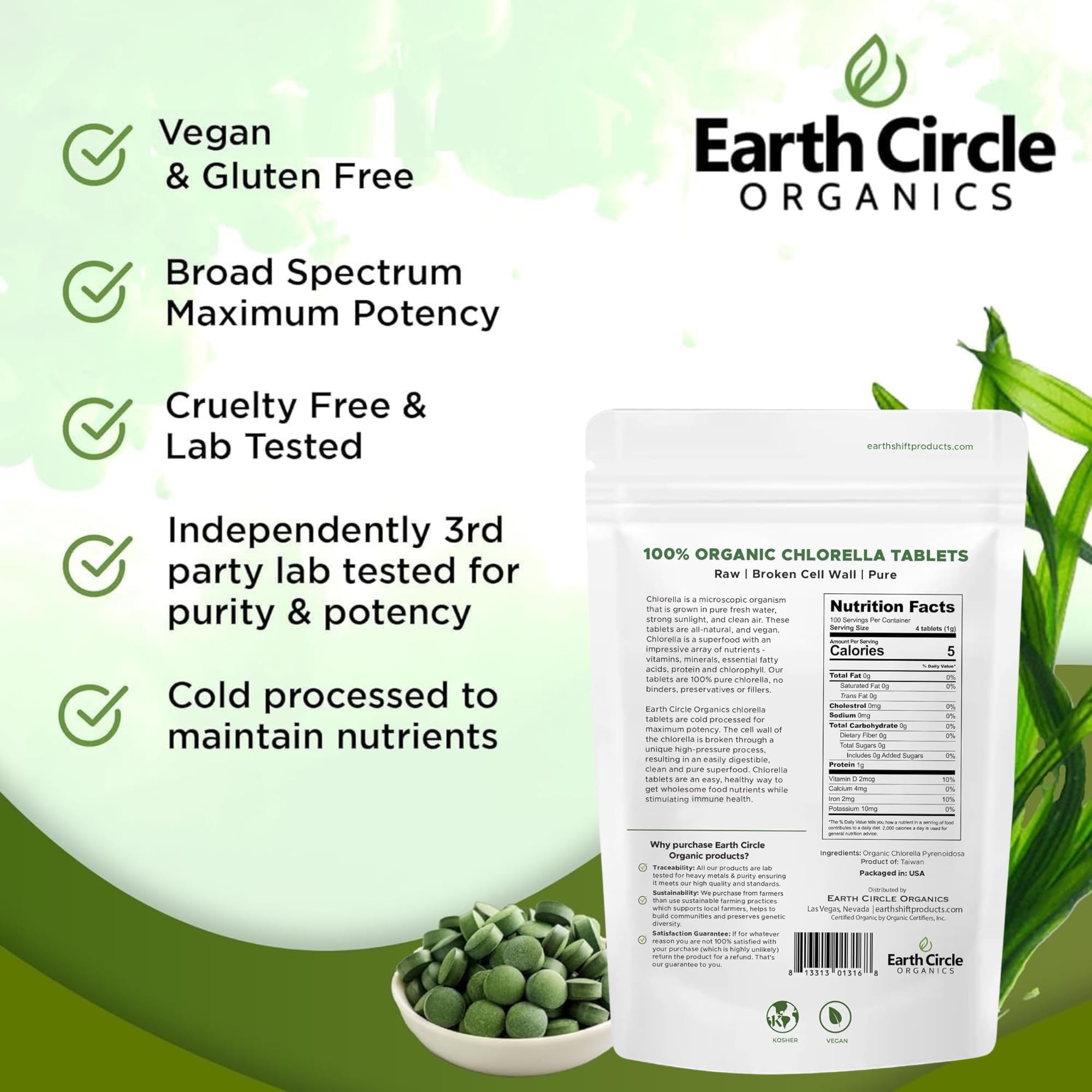 Earth Circle Organics GMP/HACCP facility seal on chlorella box
