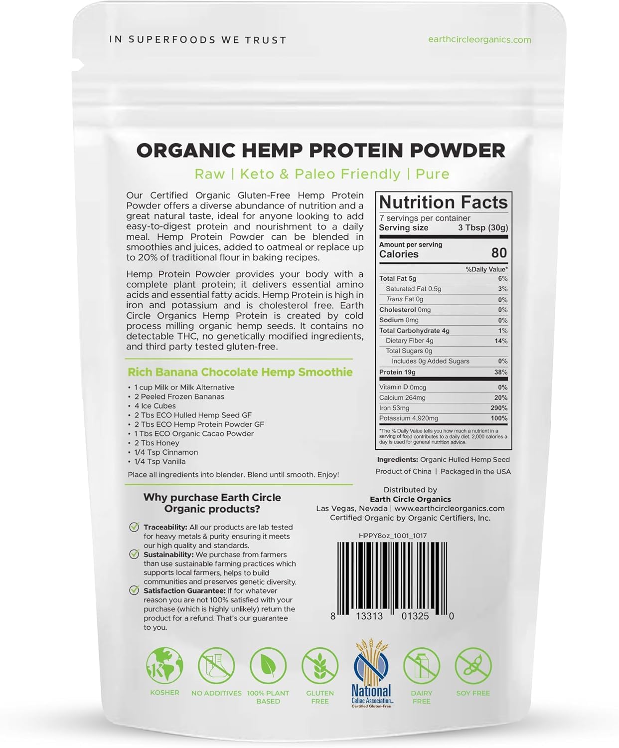 Earth Circle Organics hemp protein powder pack in kitchen setting
