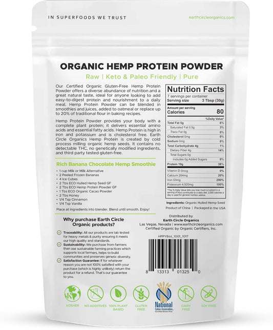 Earth Circle Organics hemp protein powder pack in kitchen setting