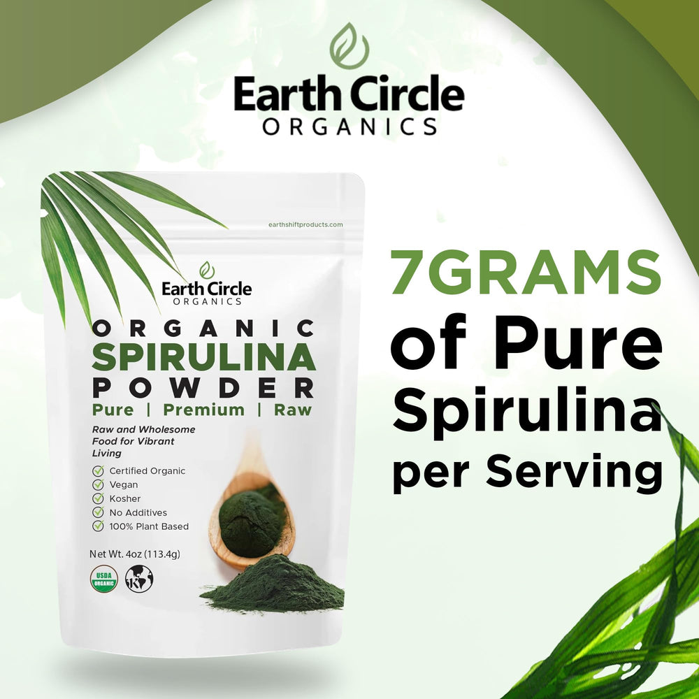 Earth Circle Organics Spirulina Powder in a bowl emphasizes vibrant color and nutrient-rich supplement