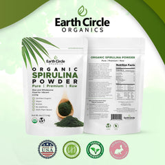 Earth Circle Organics Spirulina Powder in a kitchen scene suggests versatile daily use