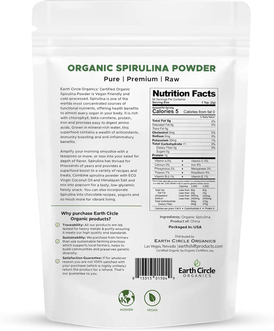 Earth Circle Organics Spirulina Powder in a smoothie scene adds color and protein boost