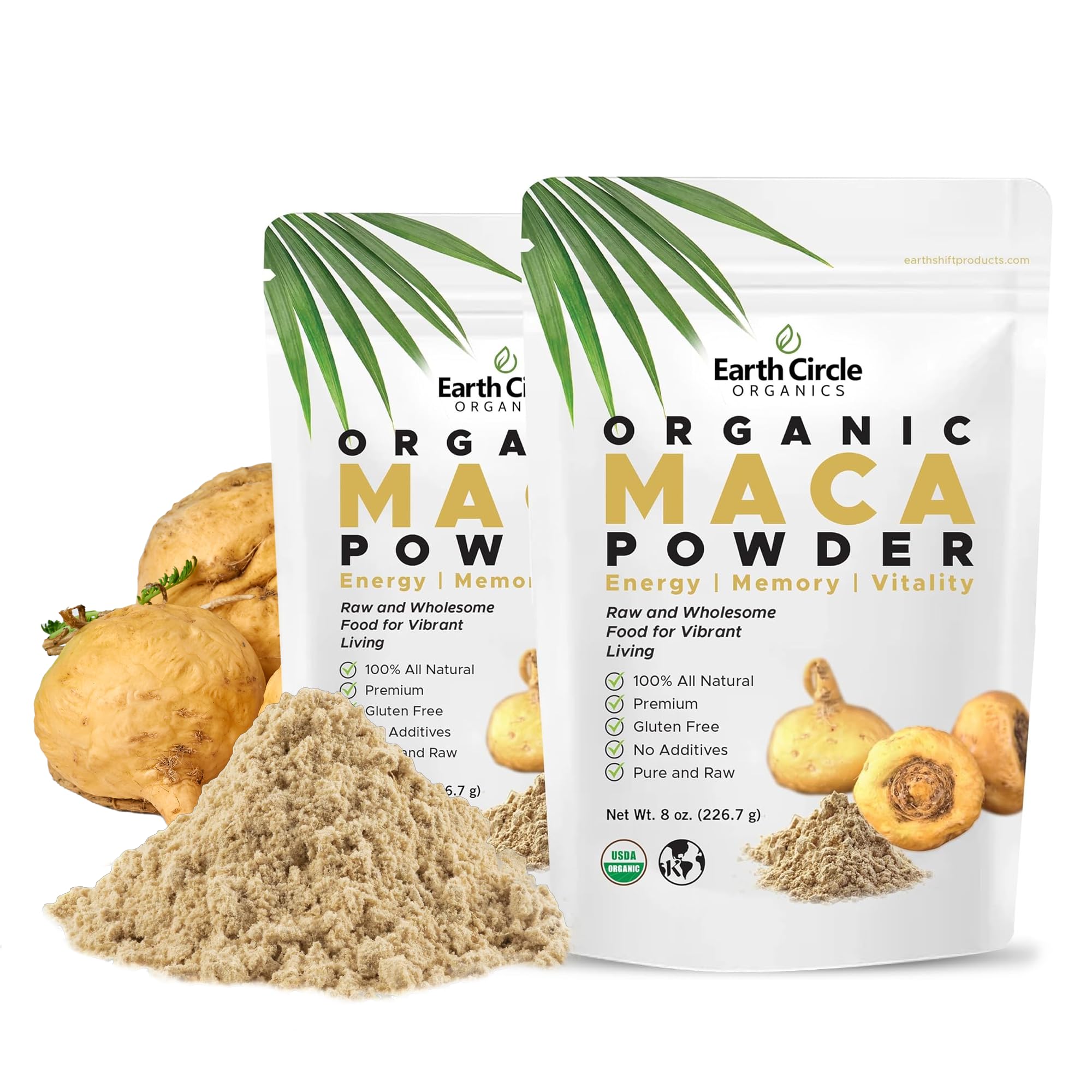 Earth Circle Organics Yellow Maca Powder bottle for convenient vegan energy support.