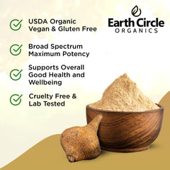 Earth Circle Organics Yellow Maca Powder closeup shows vibrant earthy powder.