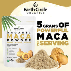 Earth Circle Organics Yellow Maca Powder ingredients panel highlights minerals.