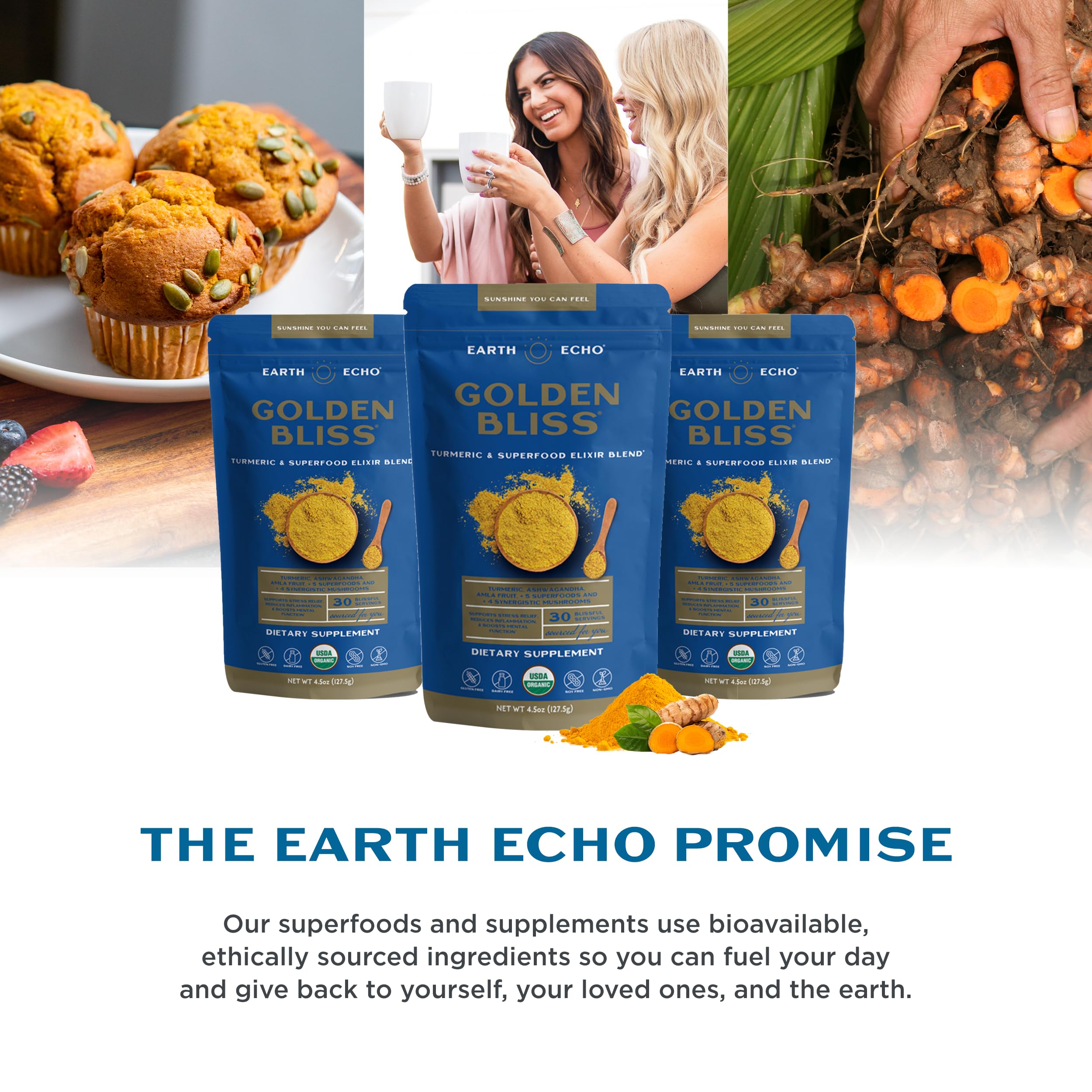 Earth Echo Golden Bliss packaging label highlighting organic status.
