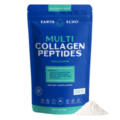 Earth Echo Multi Collagen bottle shows unflavored formula for daily skin and joint support.