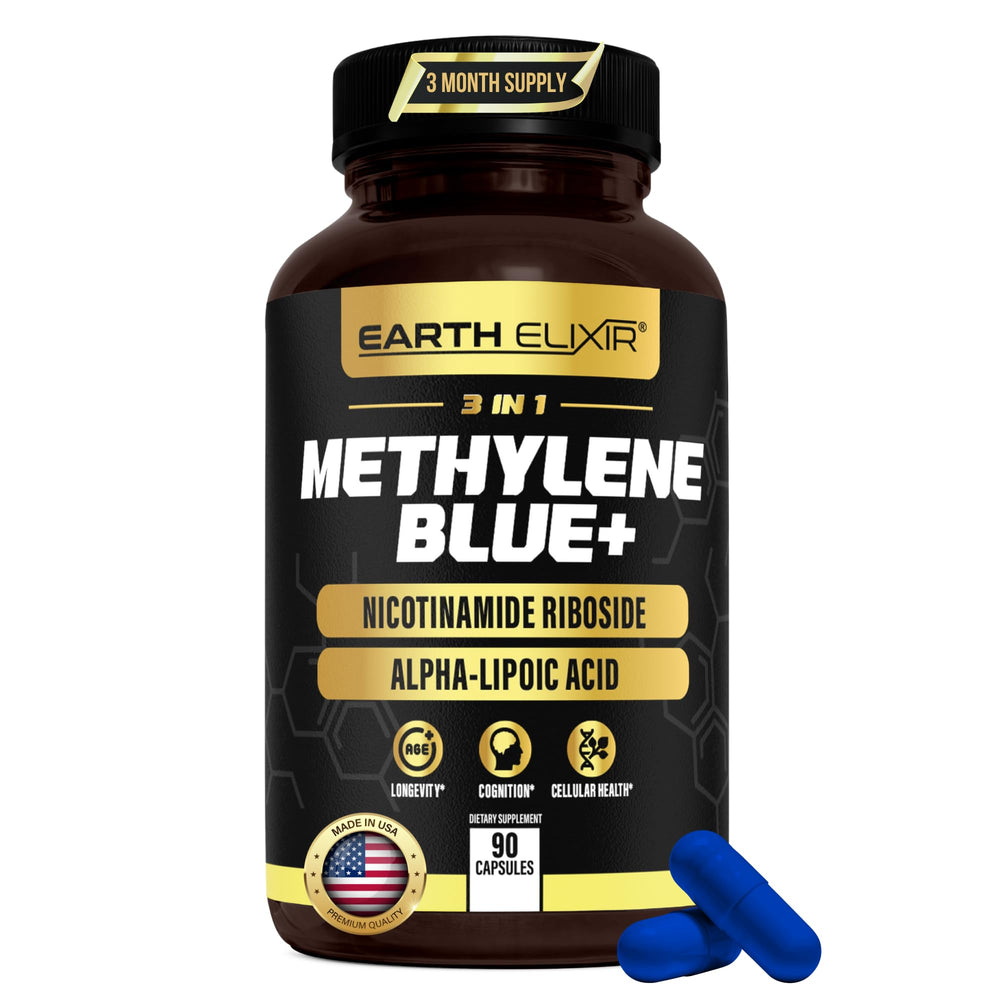Earth Elixir 3-in-1 methylene blue capsules bottle front for easy daily dosing.