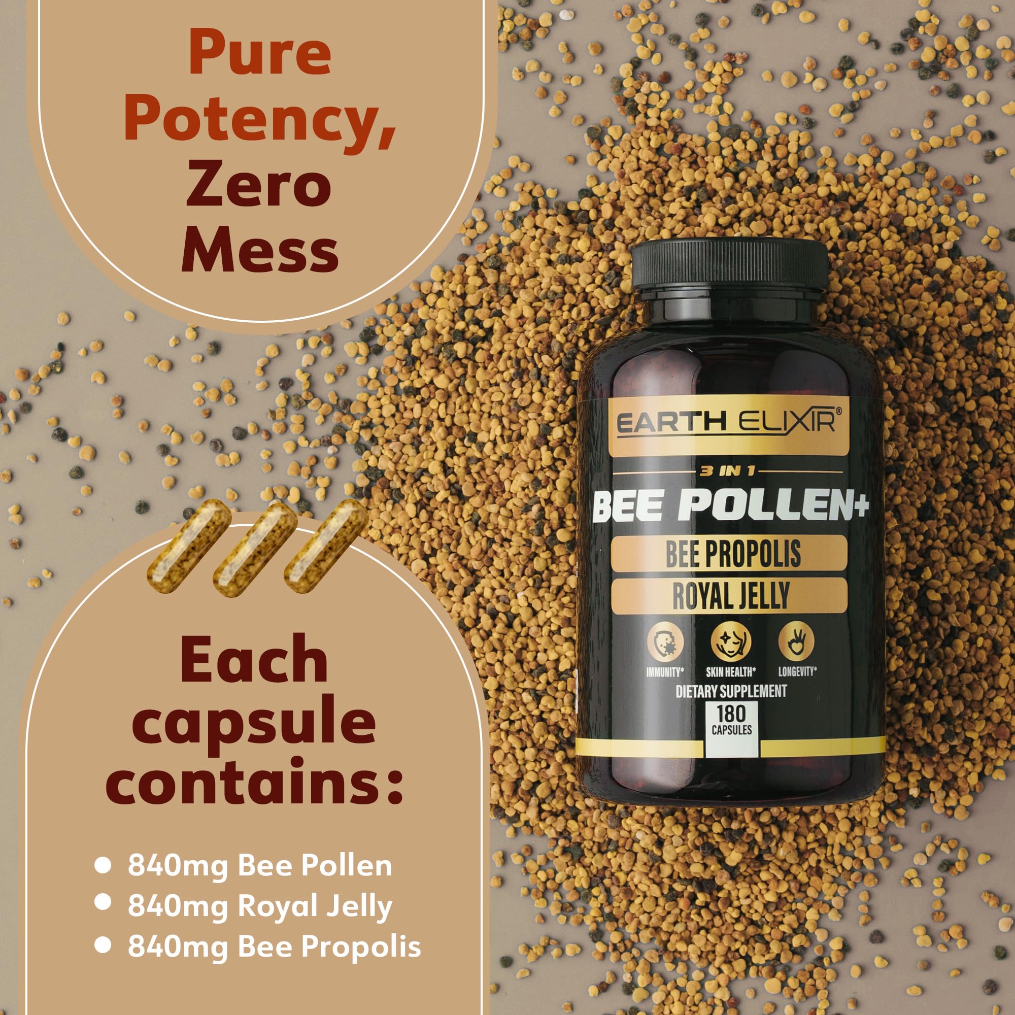 Earth Elixir bee pollen capsules offering pure nutrition for daily vitality