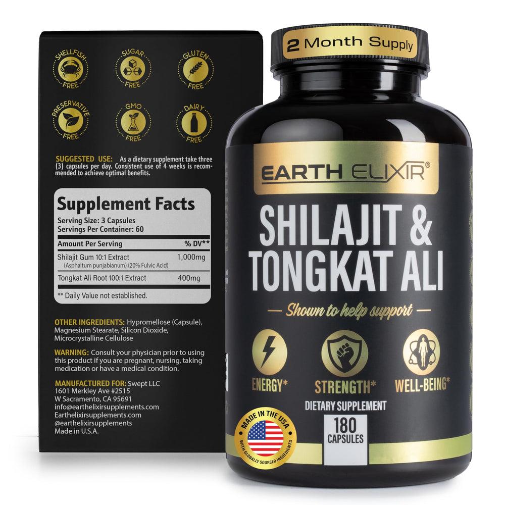 Earth Elixir capsules closeup highlights mineral-rich fulvic-acid blend.
