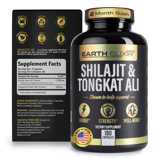 Earth Elixir capsules closeup highlights mineral-rich fulvic-acid blend.