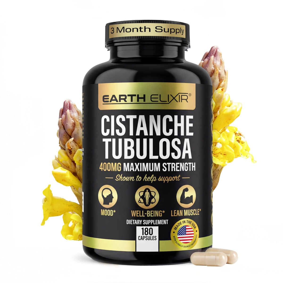 Earth Elixir Cistanche bottle with desert-power imagery for daily vitality support.