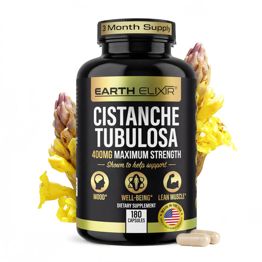 Earth Elixir Cistanche bottle with desert-power imagery for daily vitality support.