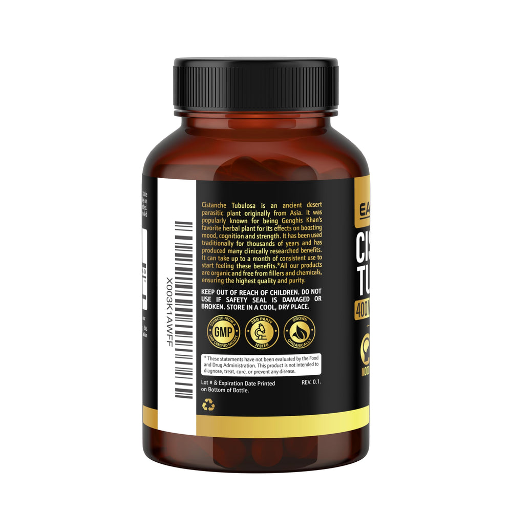 Earth Elixir Cistanche capsules close-up highlights clean, vegan-friendly formula.