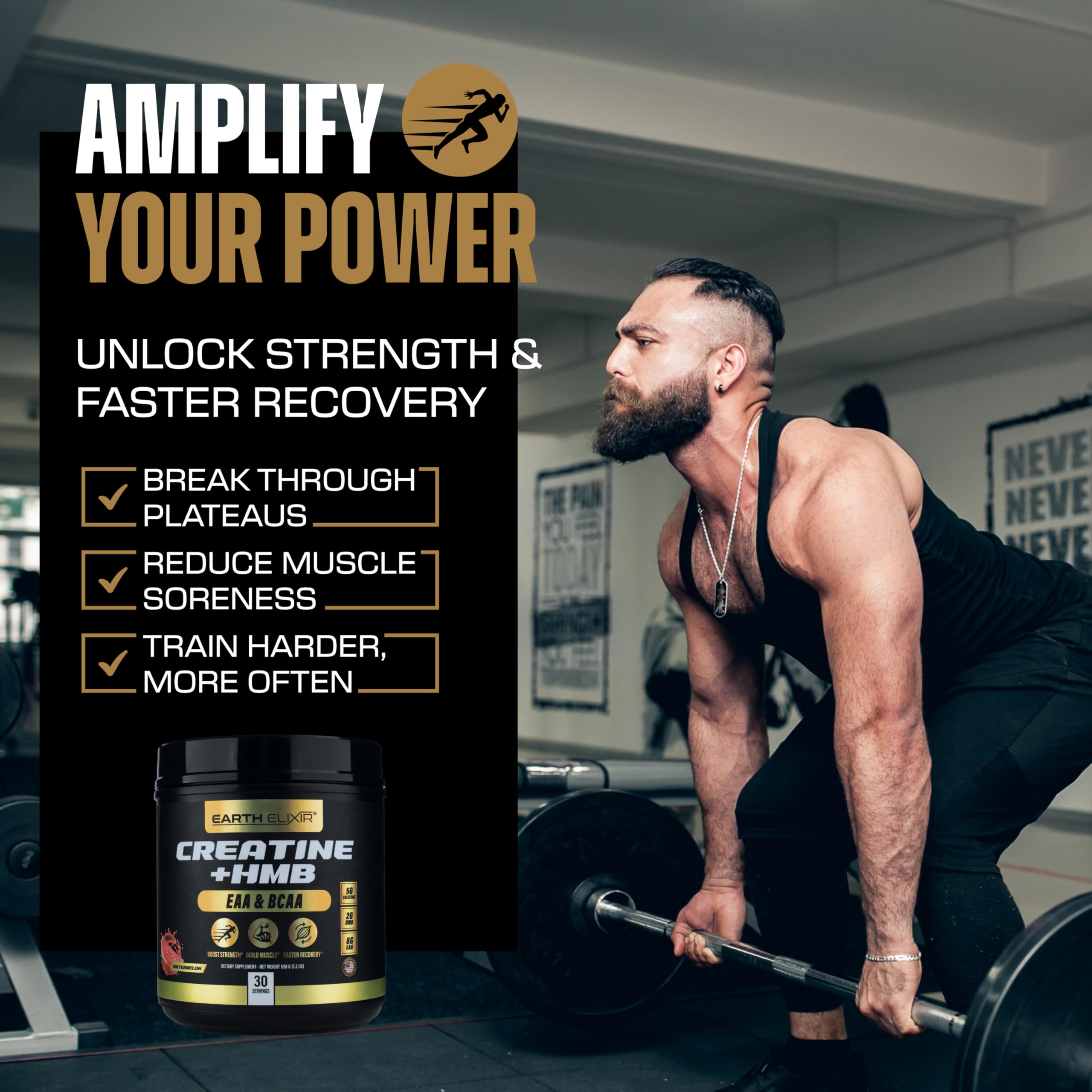 Earth Elixir creatine monohydrate HMB ingredients panel highlights full-dose formula