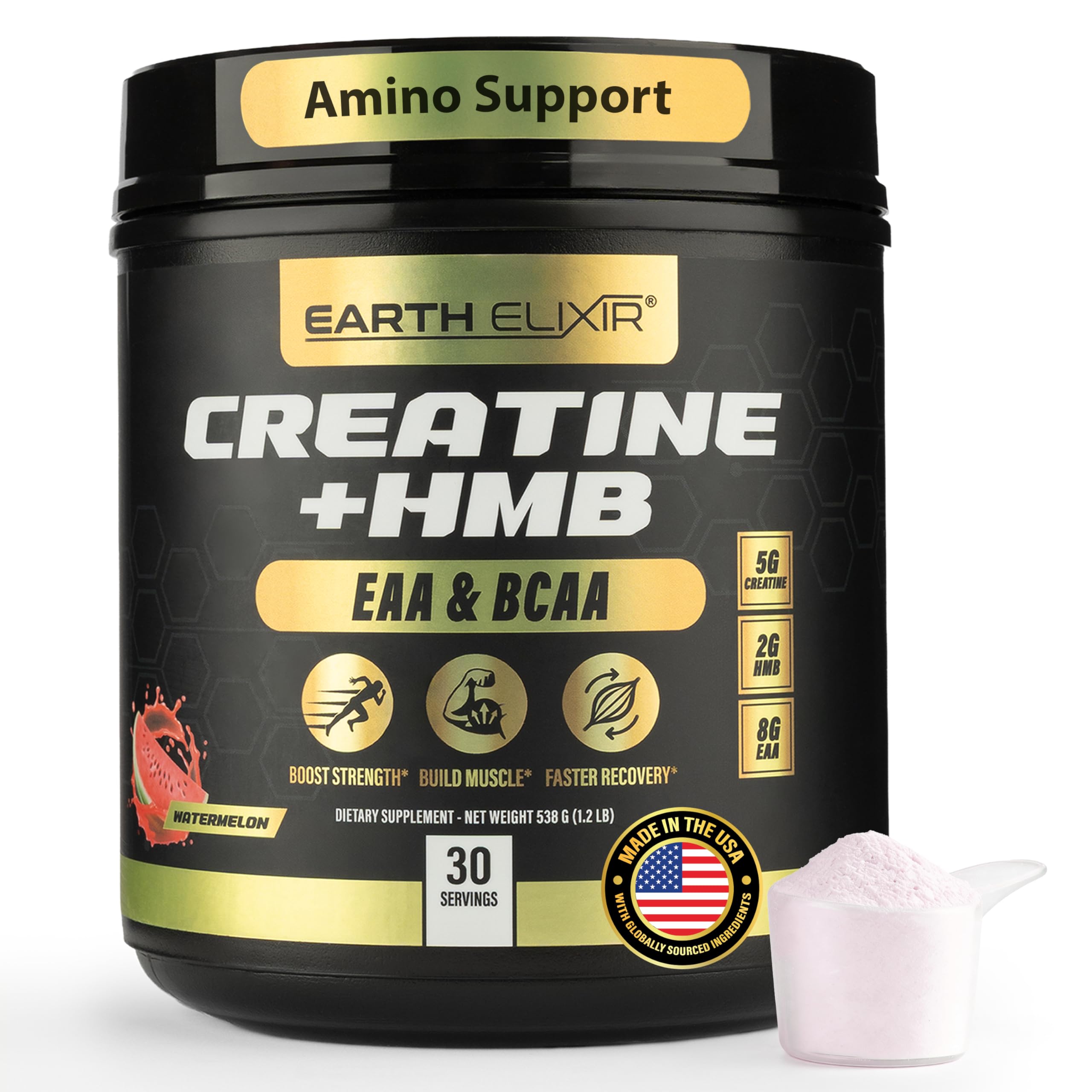 Earth Elixir creatine HMB watermelon powder scoop supports training power