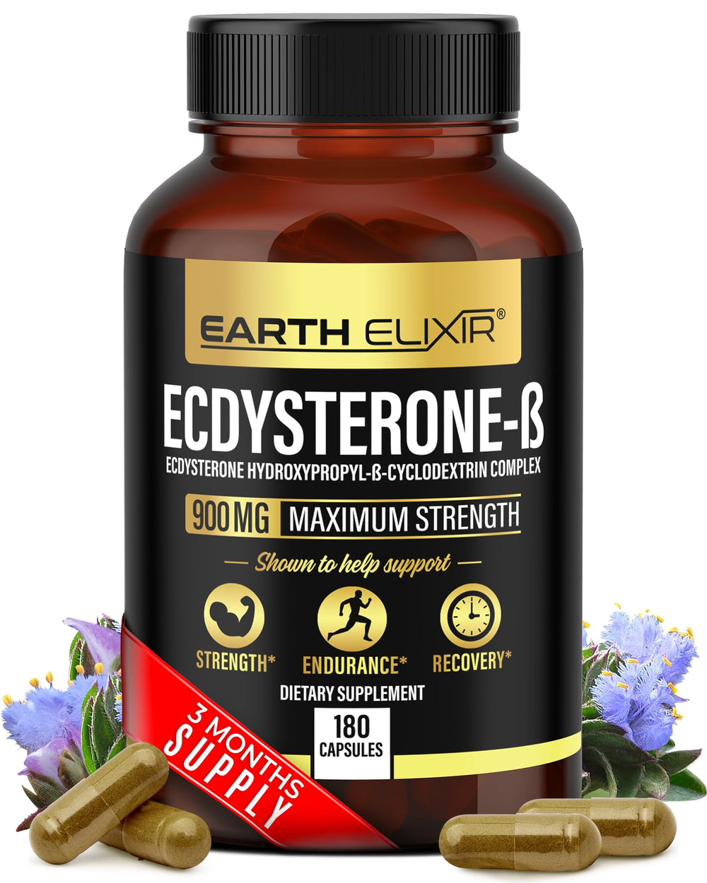 Earth Elixir Ecdysterone bottle label; strong quality for strength training.