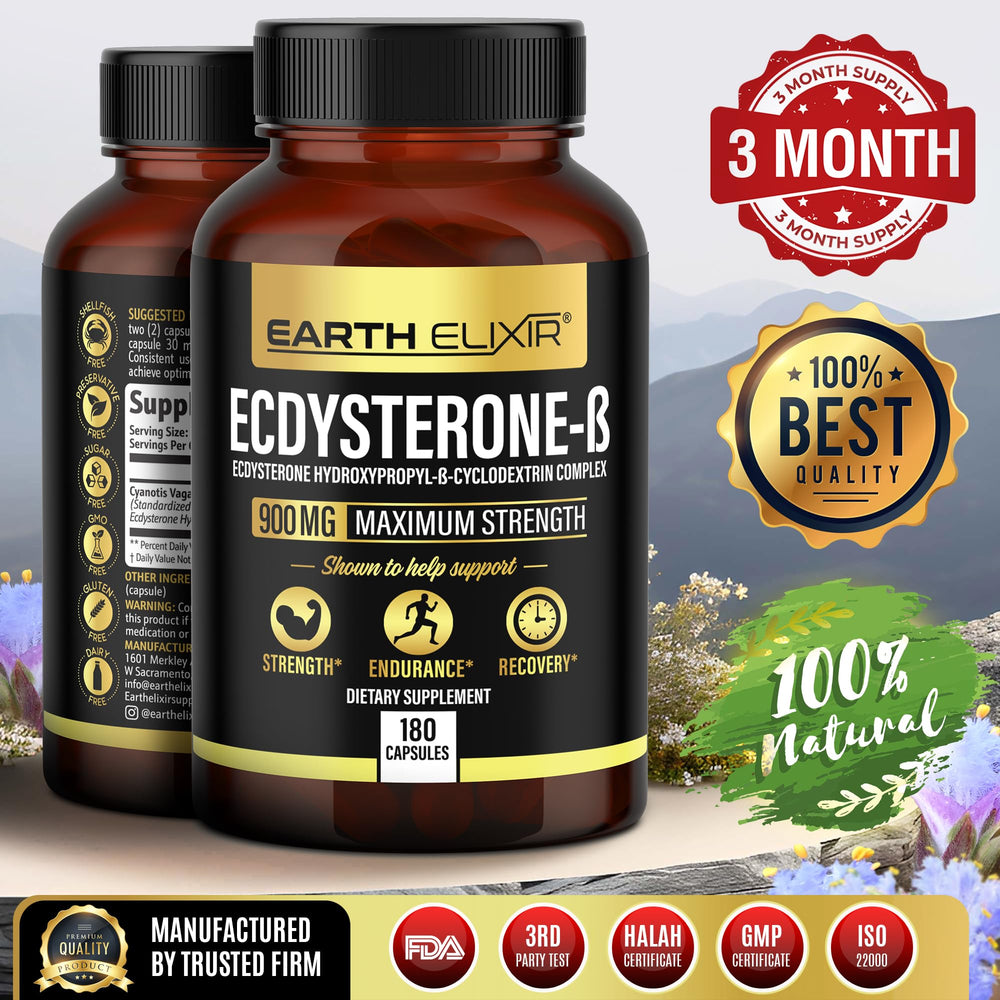 Earth Elixir Ecdysterone bottle with water; easy daily serving for recovery.